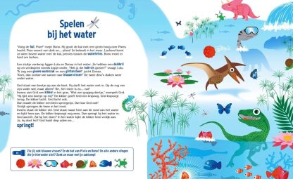 Lantaarn zaklampboek speuren in het dinobos spelen bij het water