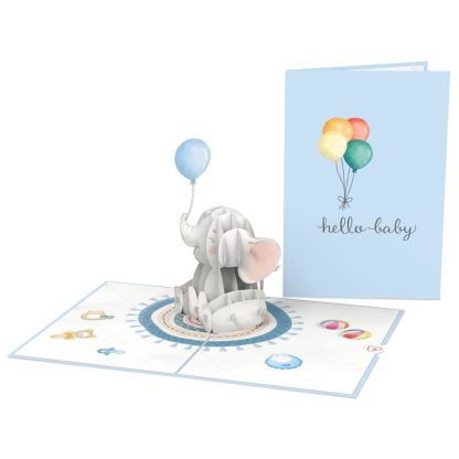 Papercrush pop-up kaart baby olifant blauw voorkant en binnenkant
