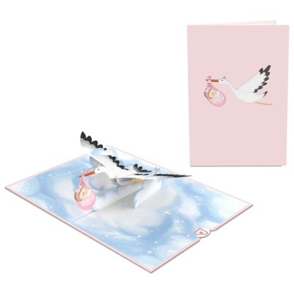 Papercrush pop-up kaart ooievaar met baby roze voorkant en binnenkant